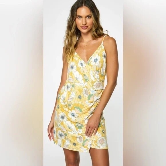 NWOT ONEILL KIKI FLORAL FAUX WRAP YELLOW MINI DRESS . SIZE MEDIUM - Picture 5 of 12
